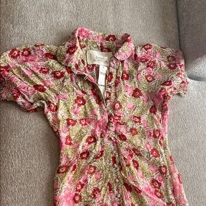 NWT Anthropologie Puff Sleeved Ruched Mesh Midi Shirt Dress